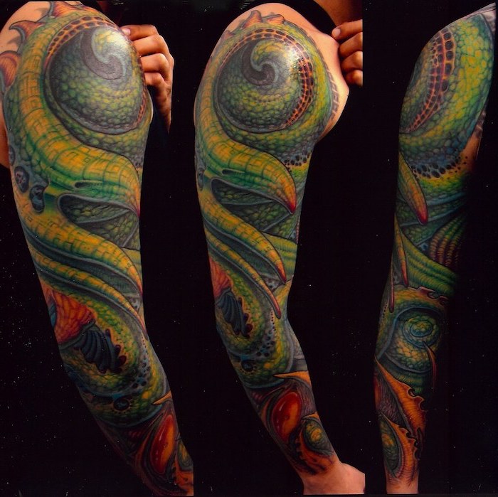 reptile skin, colourful tattoo, upper arm tattoos for men, black background