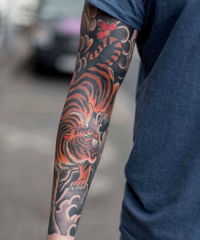 blue t shirt, japanese tiger, tribal sleeve tattoos, blurred background