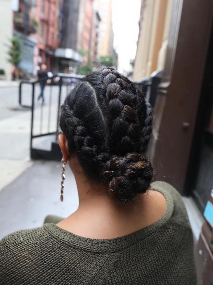 black hair, braided bun, how to do a dutch braid, olive green sweater