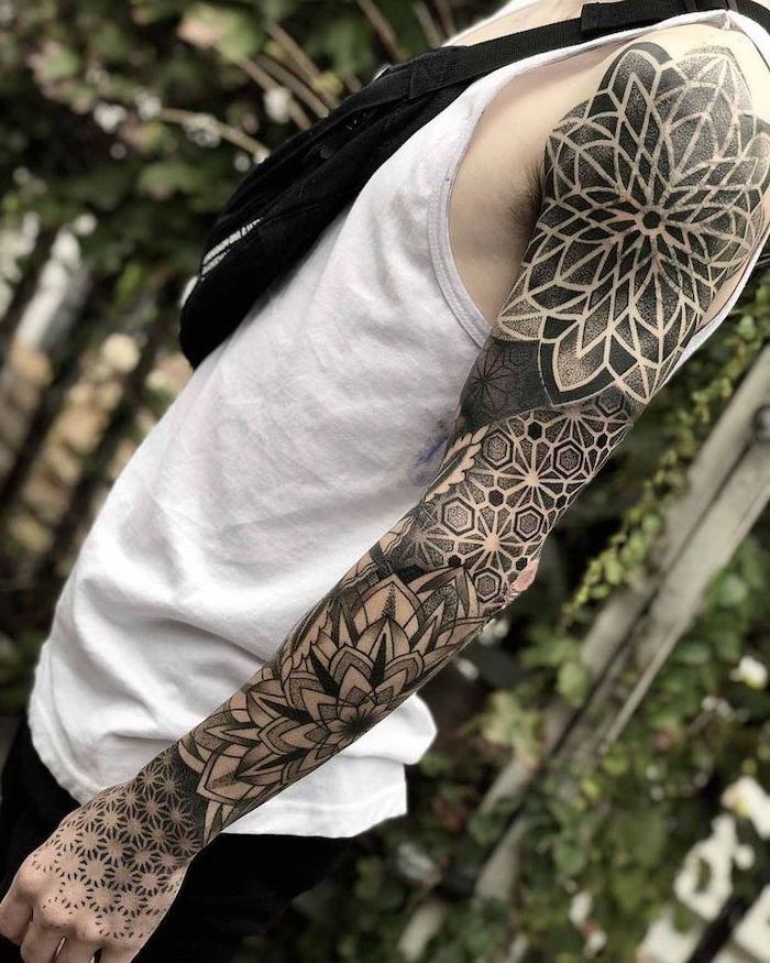 white top, mandala tattoo, blurred background, upper arm tattoos for men