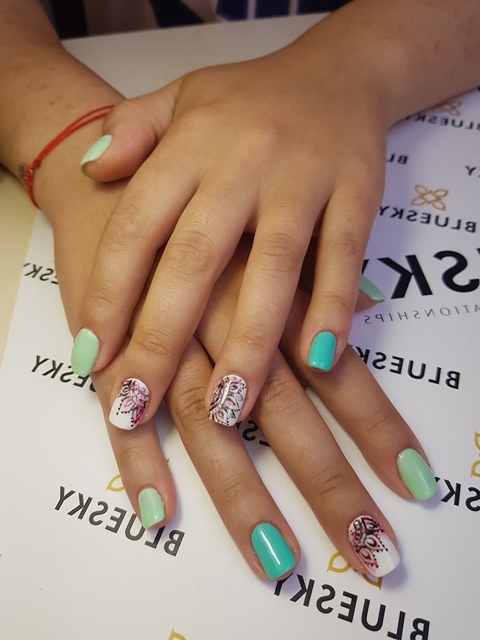 turquoise and blue, nail polish, black flowers, watercolor background, cute short nails, squoval nails