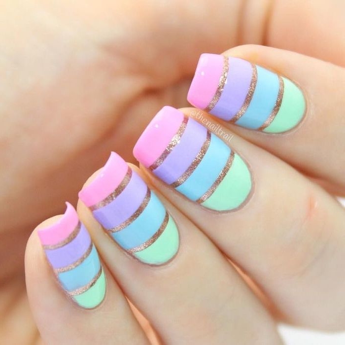 cool nail designs, green and blue, purple and pink, gold glitter lines