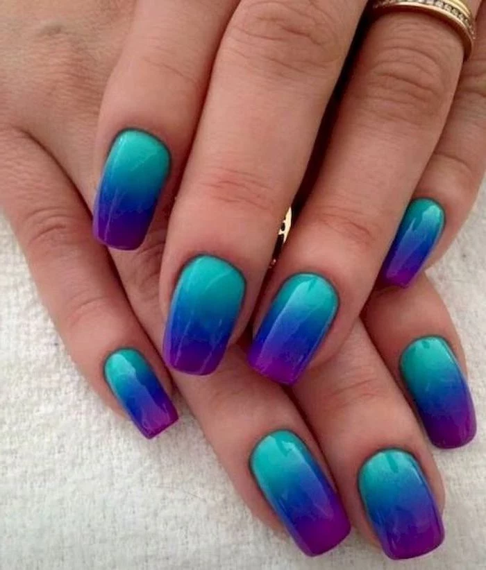 light blue, dark blue, purple ombre, cute simple nails, white background