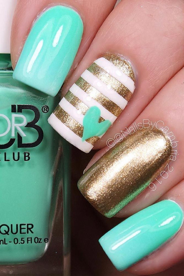 turquoise and gold glitter, nail polish, cute simple nails, white and gold stripes, small turquoise heart