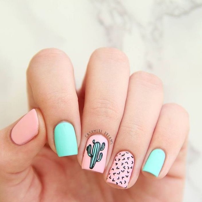 pink and blue, nail polish, green cactus, black hearts, cool nail designs