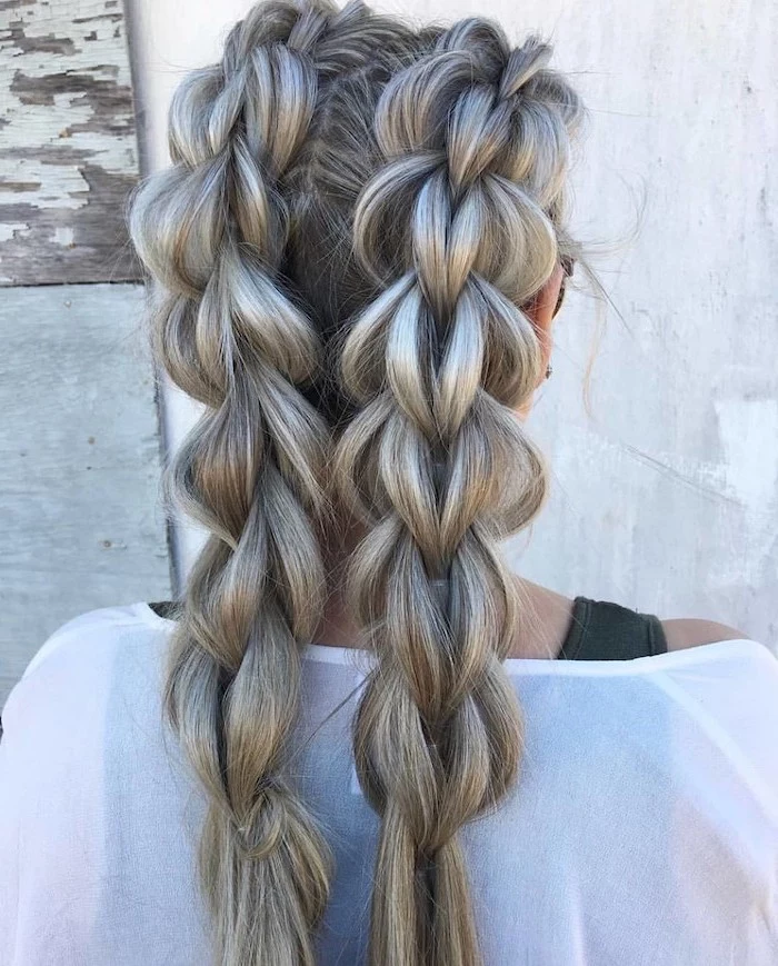 how to do a french braid, ash grey hair, two braids, white top, white background