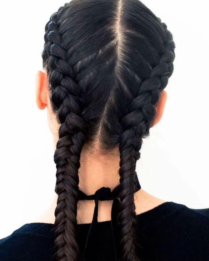 black hair, two side braids, black top, white background, braid hairstyles for long hair