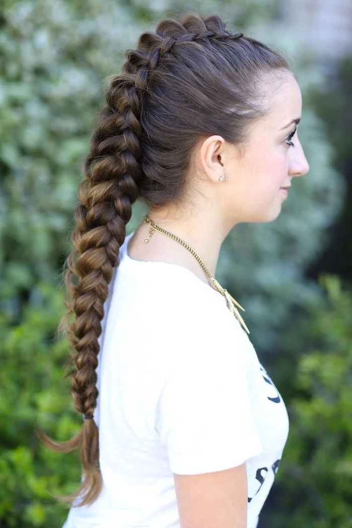 brown hair, ponytail braid, braid hairstyles for long hair, white shirt