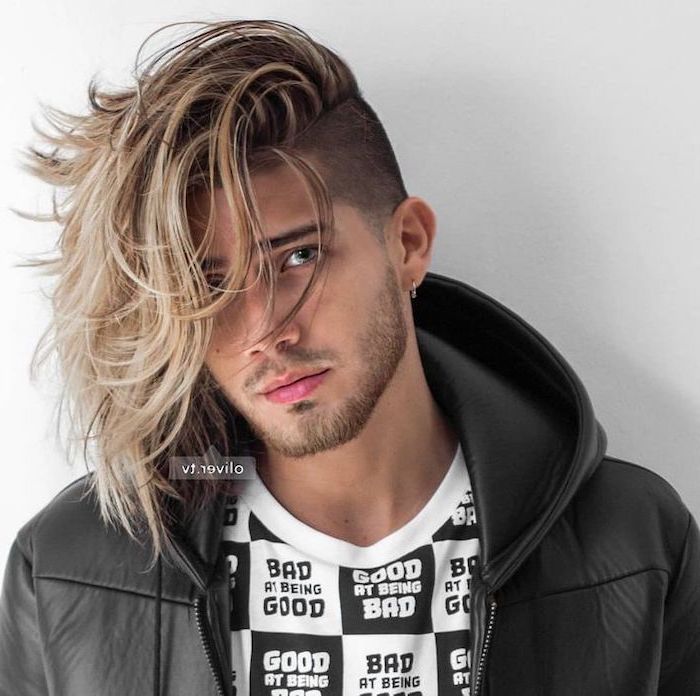 undercut with long top, blonde hair, hairstyles for men with thick hair, black leather jacket