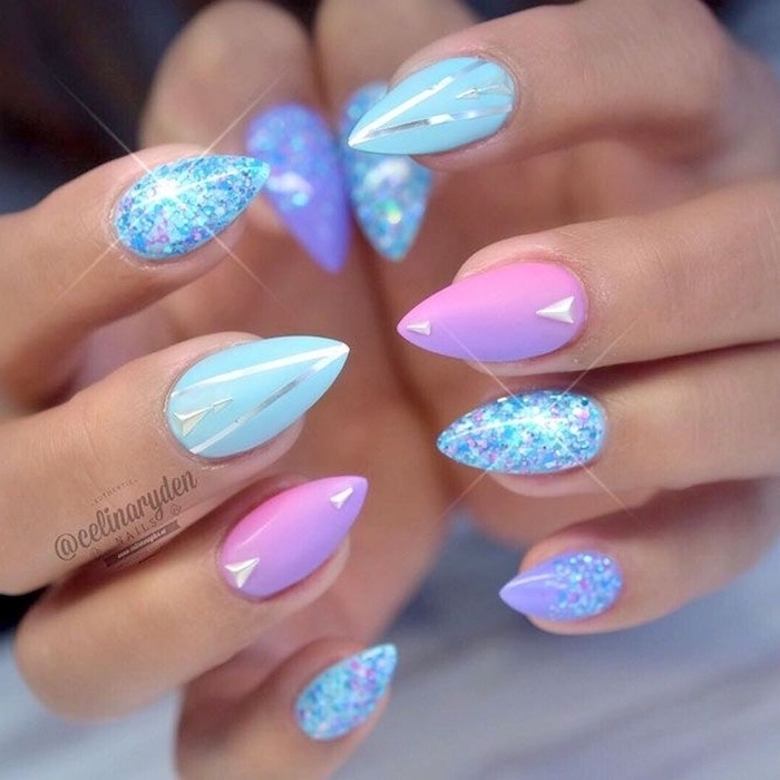 unicorn nails, cute simple nails, blue sequins, blue and pink, nail polish