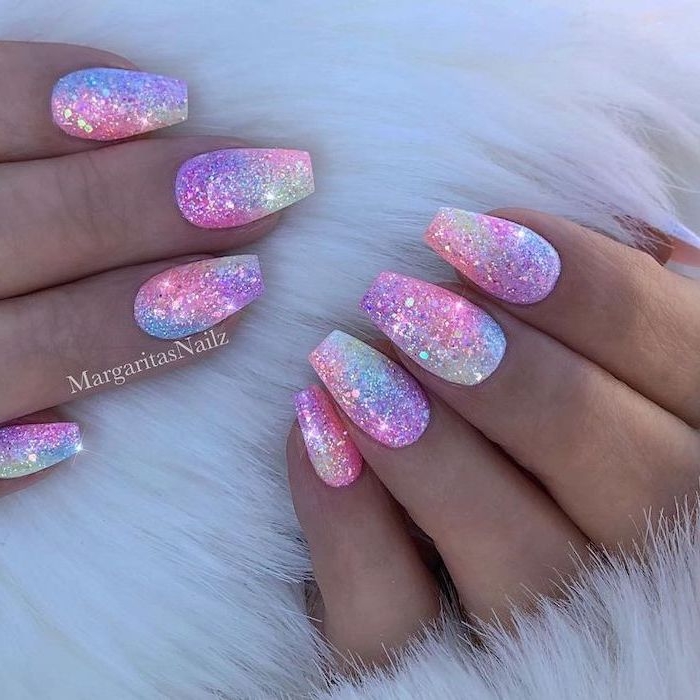 multi color glitter, nail polish, cool nail designs, unicorn nails, white background