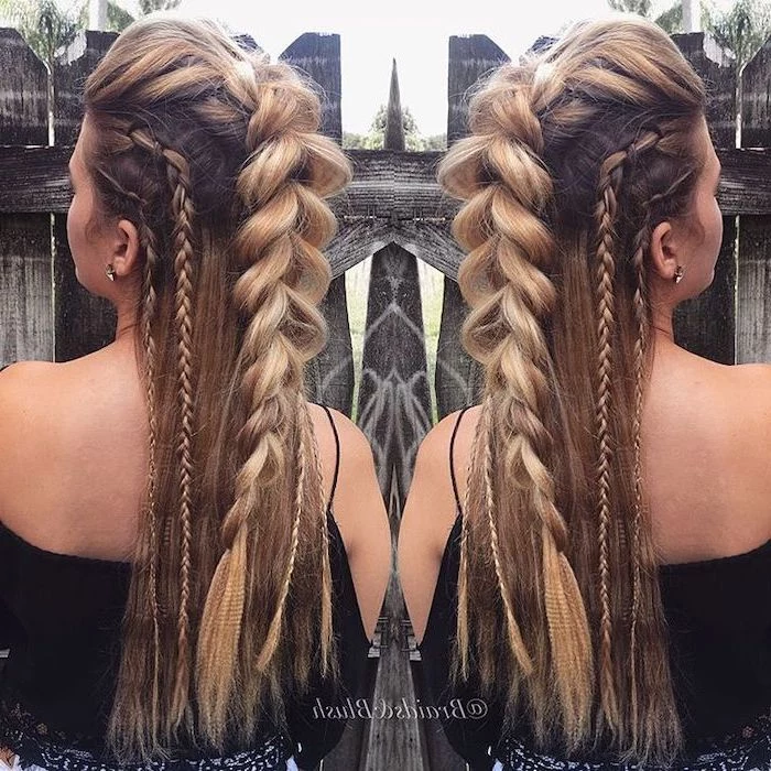 viking braids, blonde hair, with highlights, braid hairstyles for long hair, different braid styles