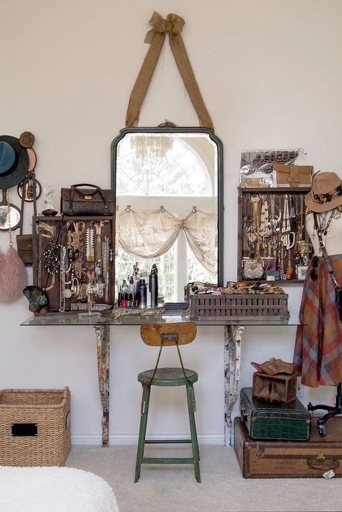 hanging mirror, rustic decor, metal stool, floating glass shelf, corner makeup vanity, hanging necklaces