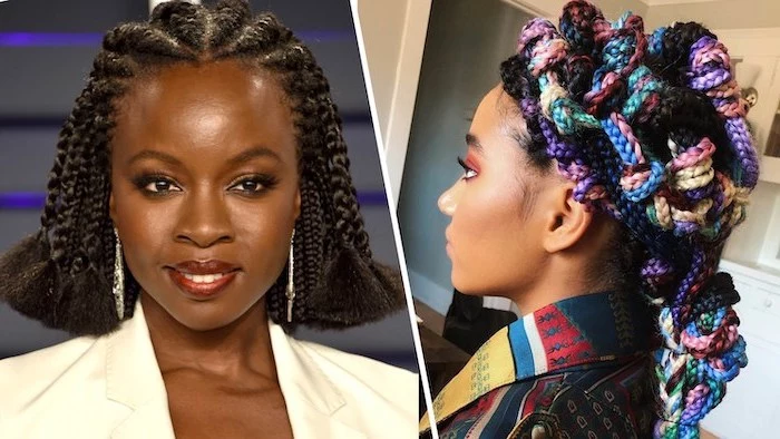 braid styles for girls, viola davies, black hair, colourful intricate braids, side by side photos