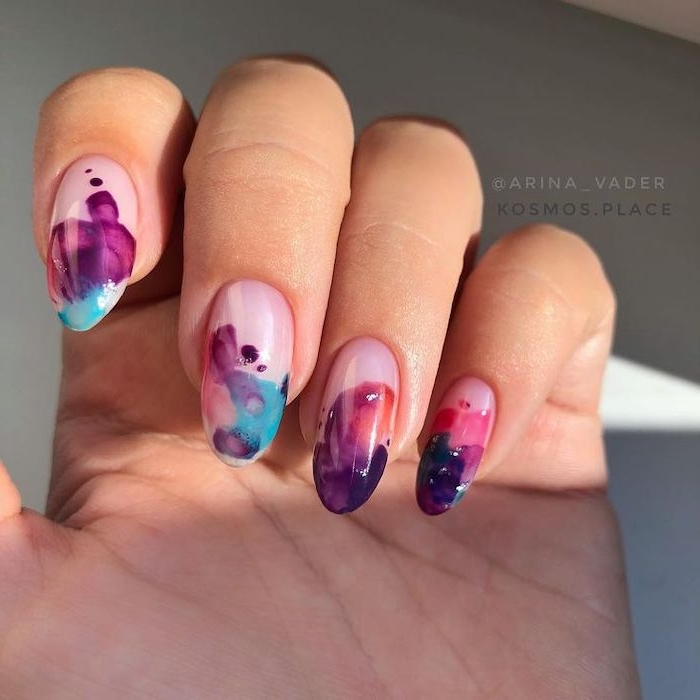 watercolor nails, cool nail designs, purple and red, blue and orange, squoval nails