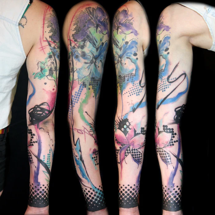watercolour tattoo, black background, photographed from different angles, half sleeve tattoo ideas