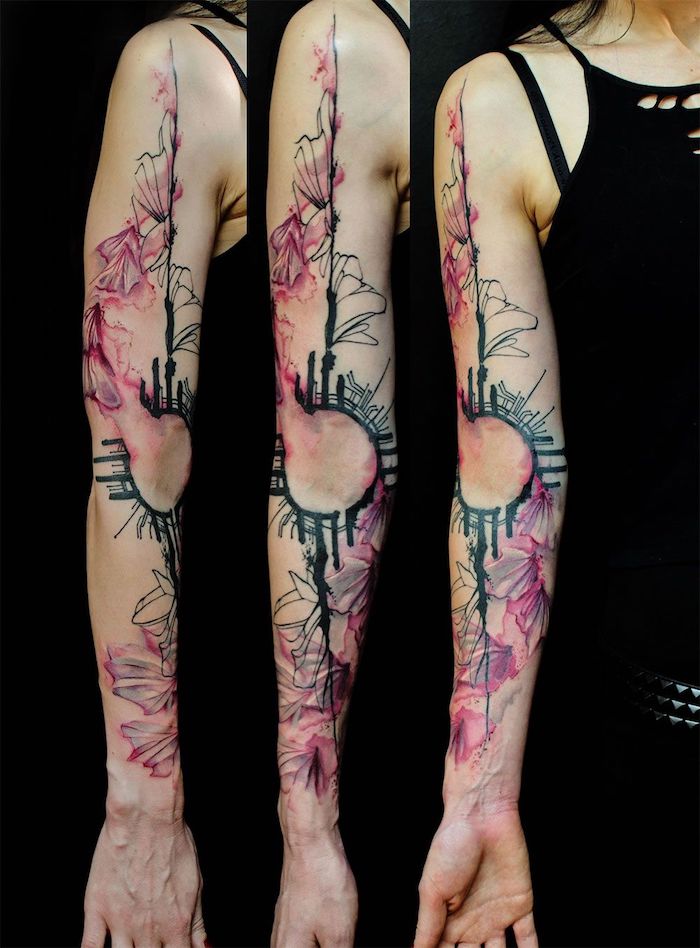 watercolour tattoo, sleeve tattoos, black background, three photos, from different angles