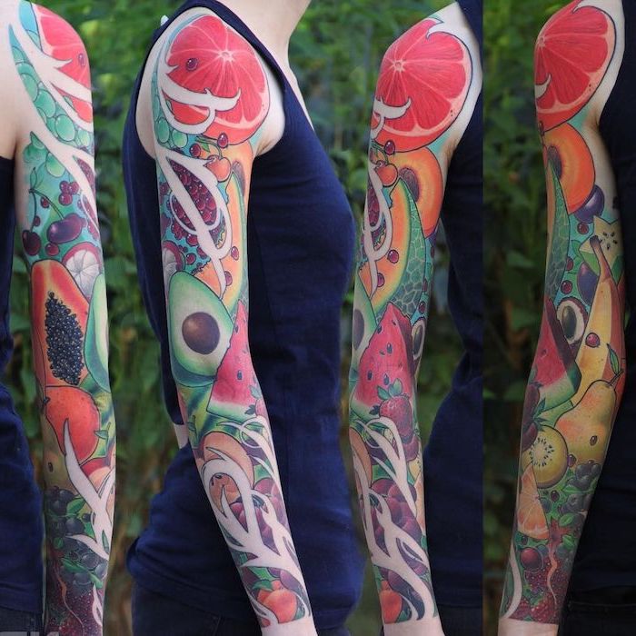 half sleeve tattoos ideas, fruits and vegetables, coloured tattoo, blue top