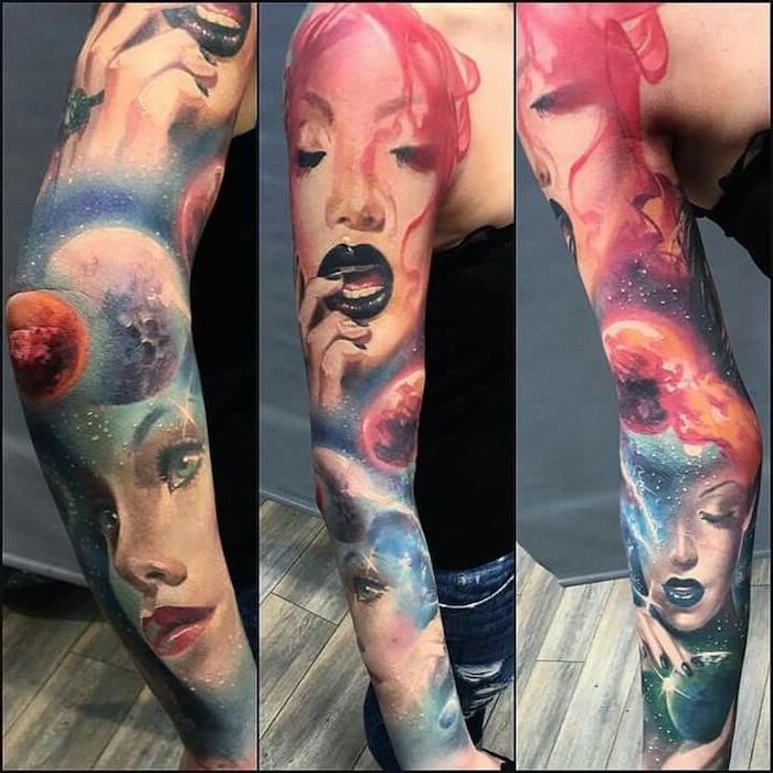 female faces, planets and stars, sleeve tattoos for guys, watercolour tattoo, wooden floor
