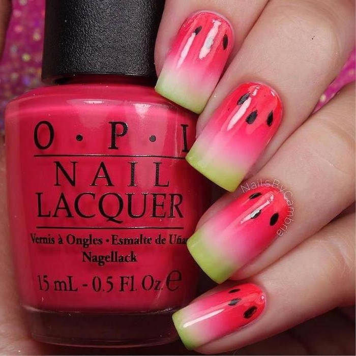 watermelon nails, pink and green ombre, black seeds, nail polish bottle, cute simple nails