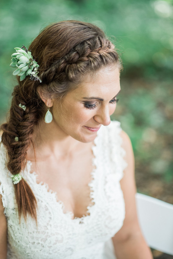 white lace dress, brown hair, side fishtail braid, hair accessories, braid styles for girls