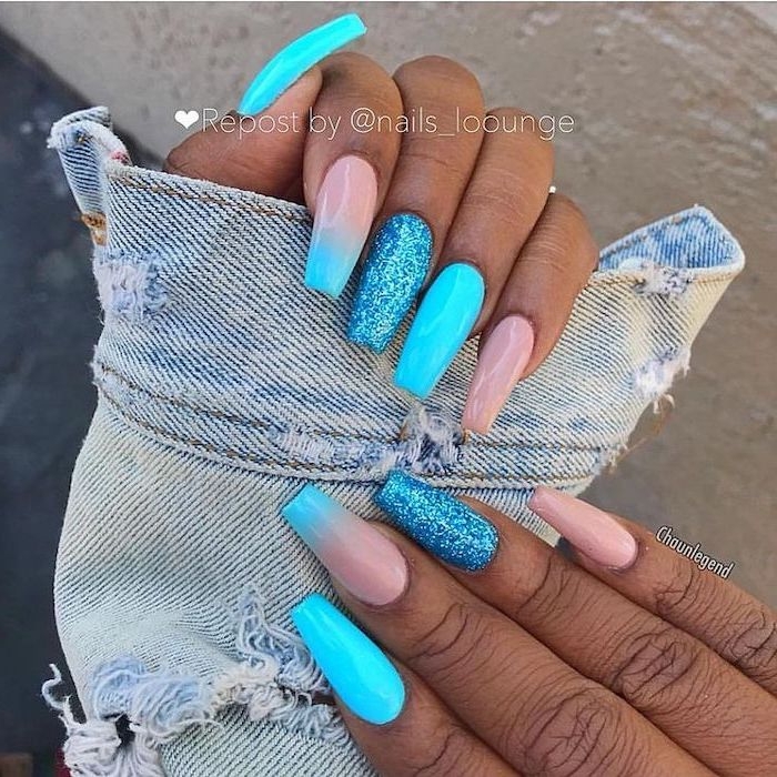 blue and nude, ombre effect, blue glitter, nail polish, cute simple nails, long coffin nails