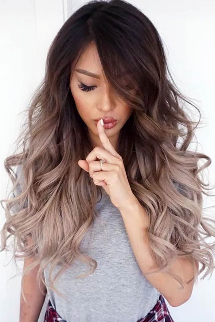 black to grey, how to do ombre hair, long wavy hair, grey top, white background