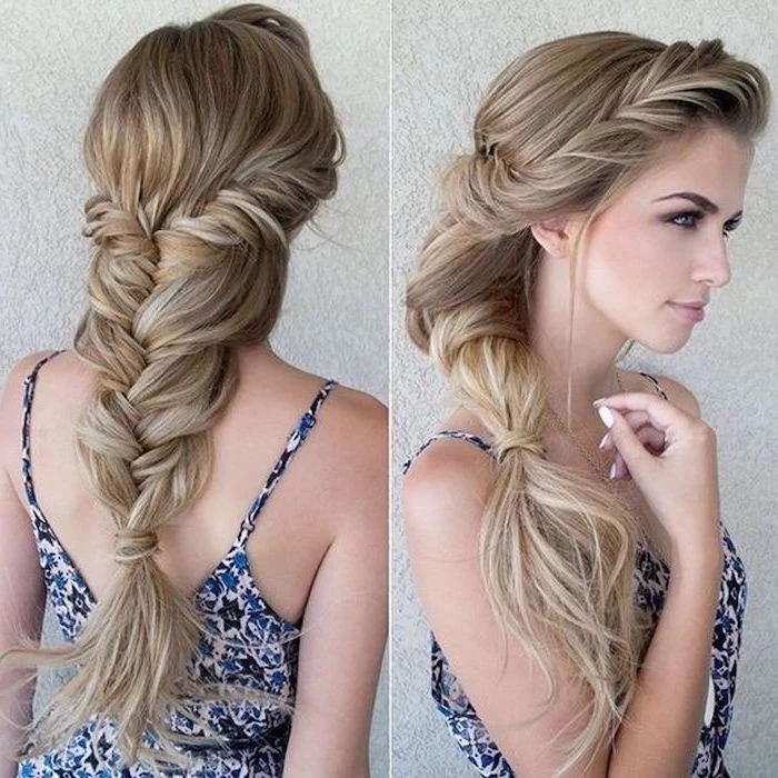 side by side photos, braid styles for girls, blonde hair, loose braid, floral dress