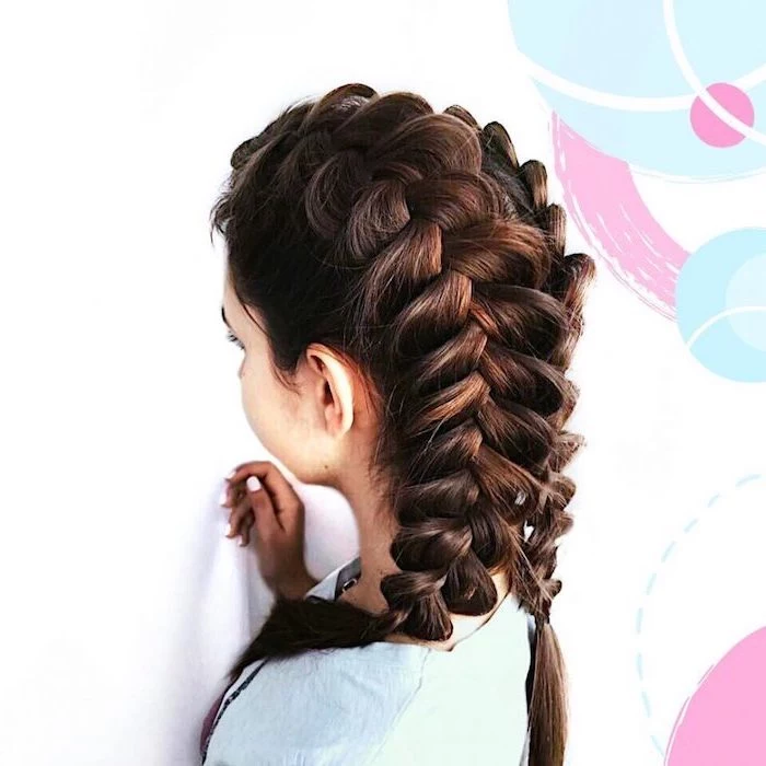 brown hair, two side braids, white background, braid styles for girls, blue shirt