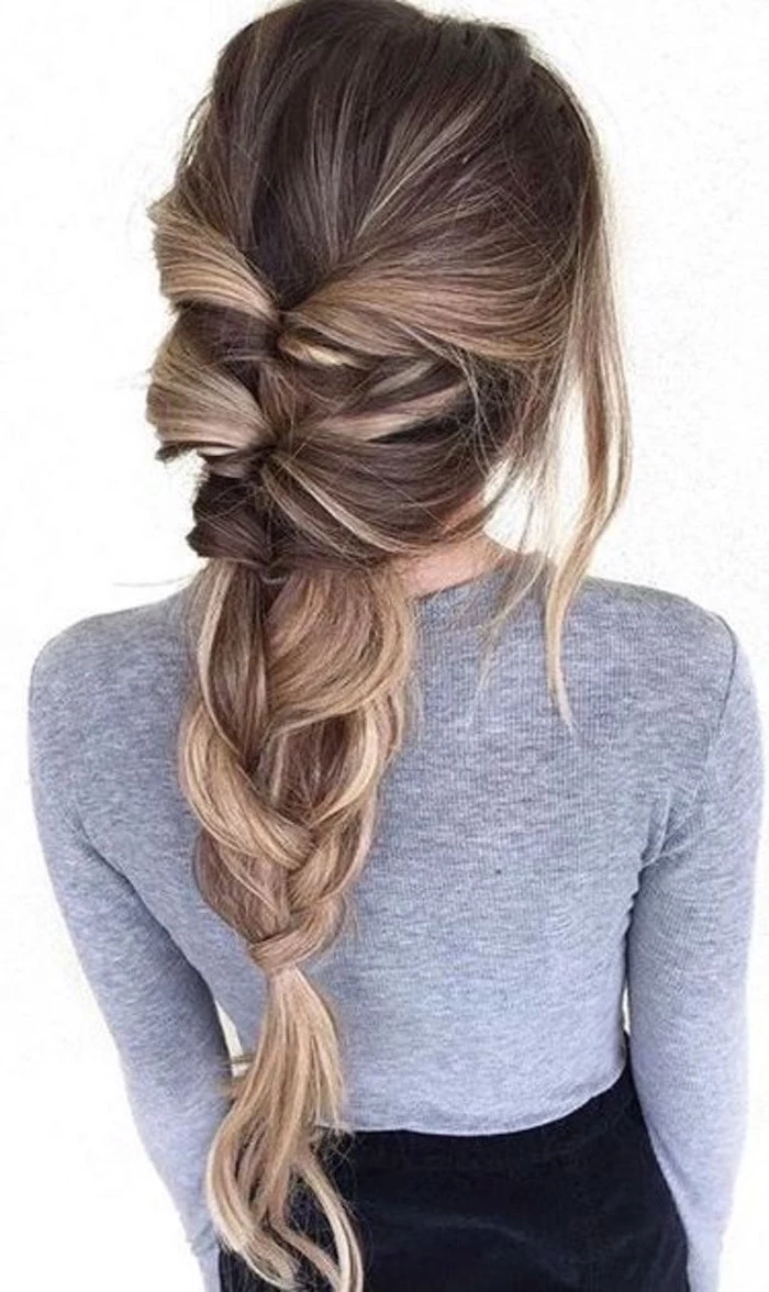 grey blouse, brown hair, blonde highlights, loose braid, how to do a waterfall braid, white background