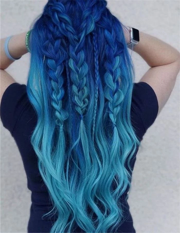 dark blue to light blue, braided hair, half up, half down, what is ombre hair, dark blue shirt