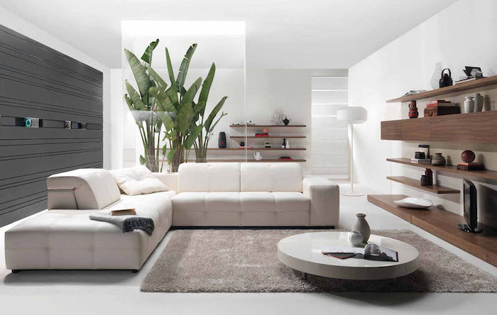 white corner sofa, bookshelf room divider, grey carpet, small round coffee table, wooden bookshelves