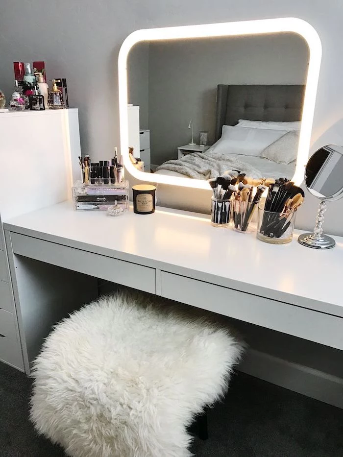 mirror with lights, white table with drawers, vanity mirror with lights for bedroom, makeup brushes