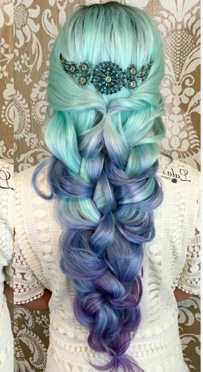 brown and blonde ombre, turquoise to purple, braided hair, hair accessory, white lace dress