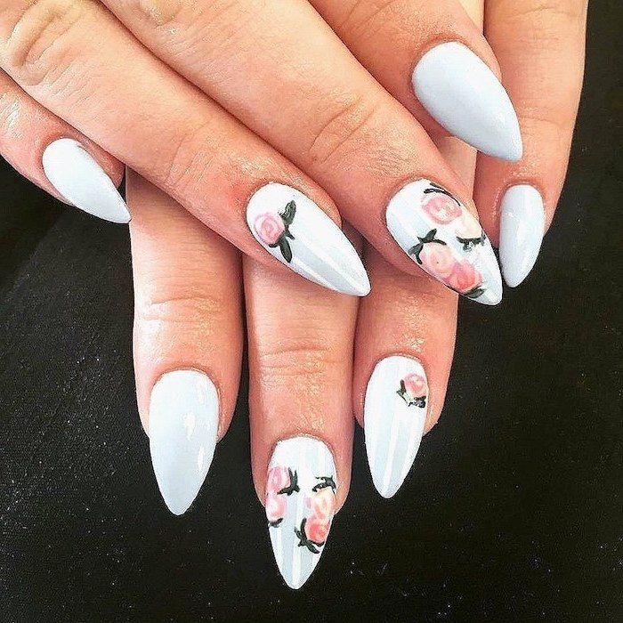 white nail polish, classy nail designs, pink flowers, black background