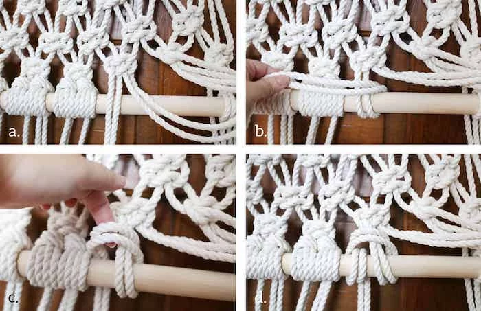 screen dividers, white rope, wooden pole, diy tutorial, with macrame, step by step