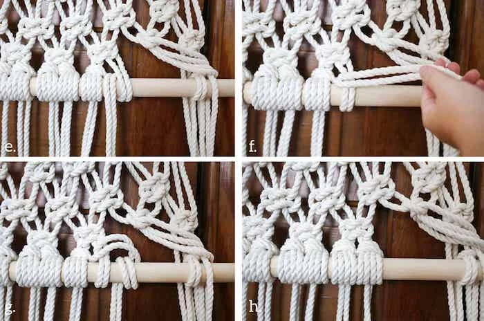 white rope, wooden pole, diy tutorial, with macrame, step by step, screen dividers