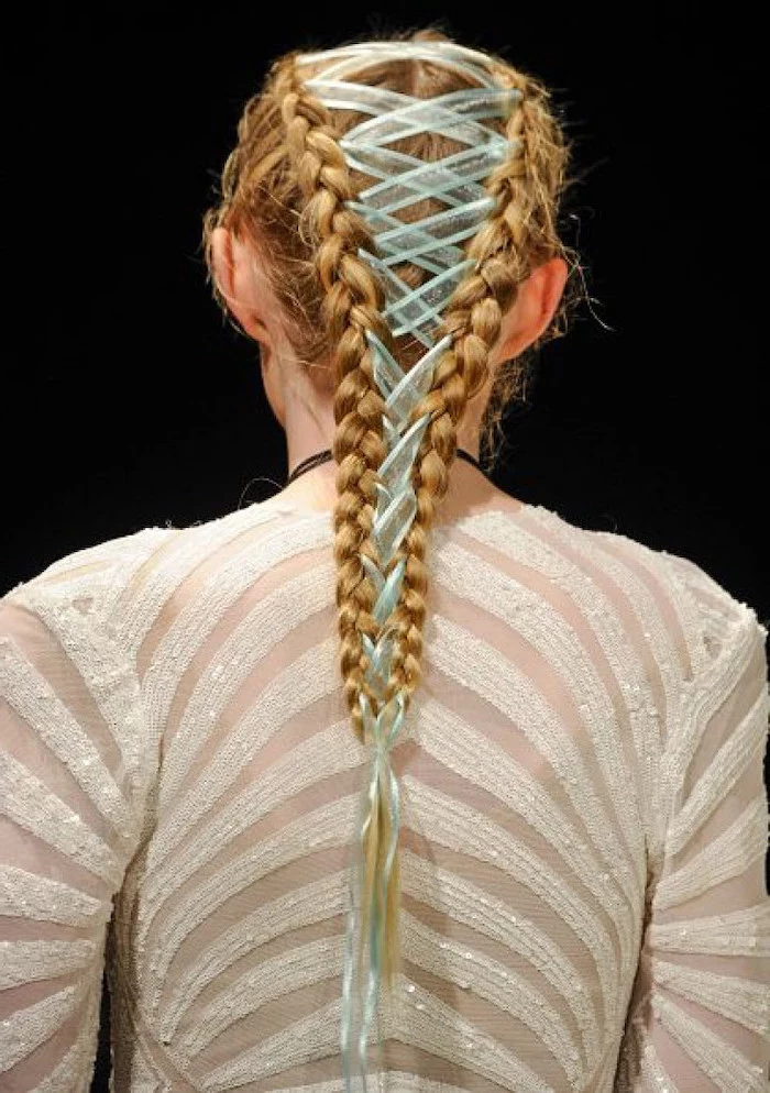 corset braids, blue ribbon, two braids, blonde hair, how to do a waterfall braid, white sequinned top