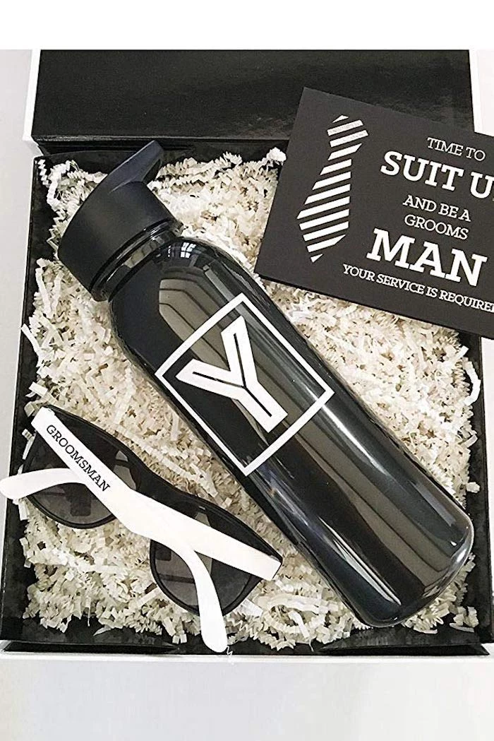 black box, water bottle, white sunglasses, practical groomsmen gifts, time to suit up, funny card