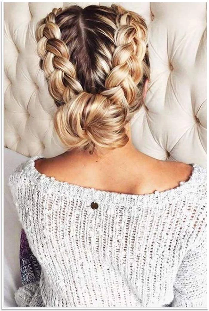 dark blonde hair, with highlights, how to do braids, white sweater, two braids, in a bun
