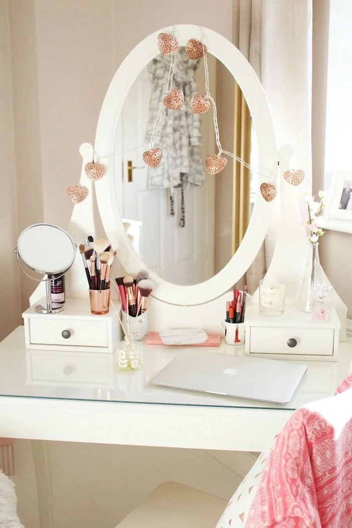 bathroom makeup vanity, white table, with small drawers, heart shaped lights