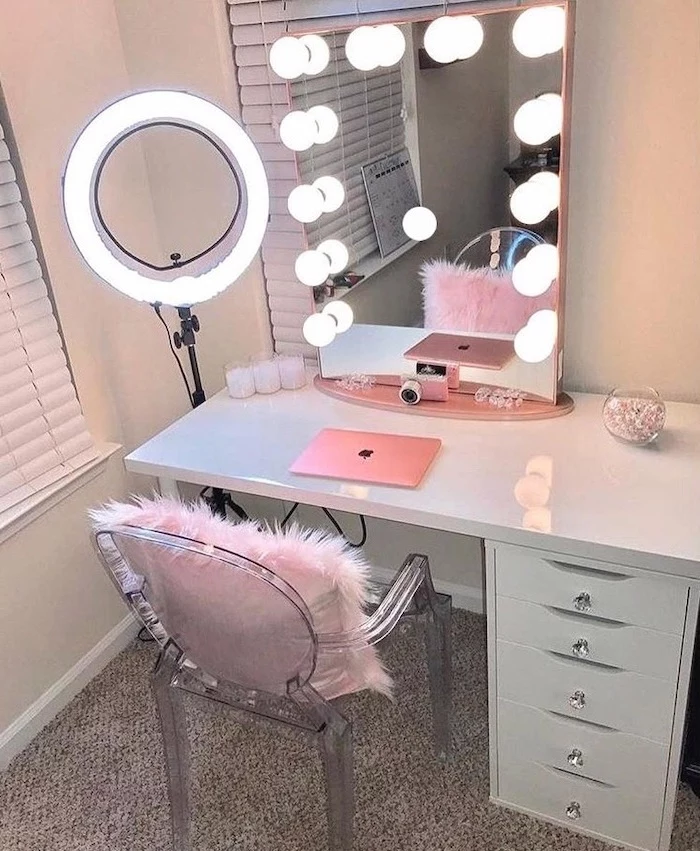 mirrors with lights, white table, bathroom makeup vanity, acrylic chair, pink furry throw pillow