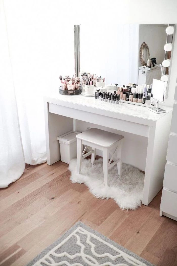 white table, marble countertop, bathroom makeup vanity, wooden floor, white stool
