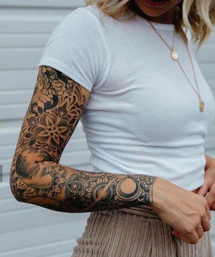white shirt, beige jeans, mandala tattoo, tattoos for men on arm sleeves, white background