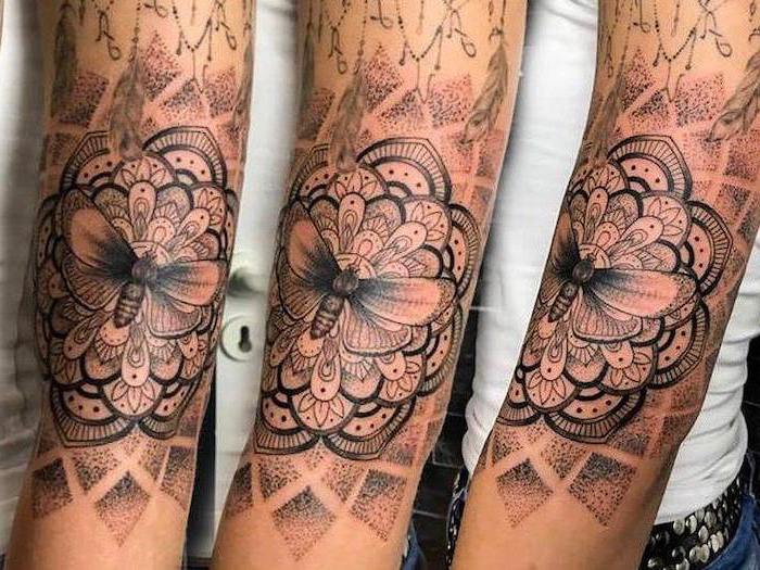 mandala tattoo, bee on top, tattoos for men on arm sleeves, white top