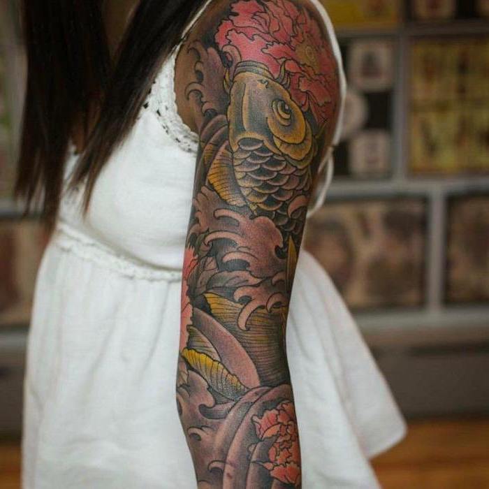 tattoos for men on arm sleeves, white top, koi fish, japanese tattoo