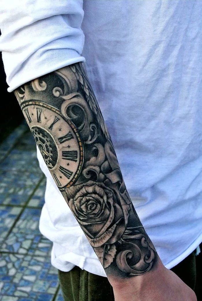 white shirt, roses and stopwatch, roman numerals, tiled floor, tattoos for men on arm sleeves