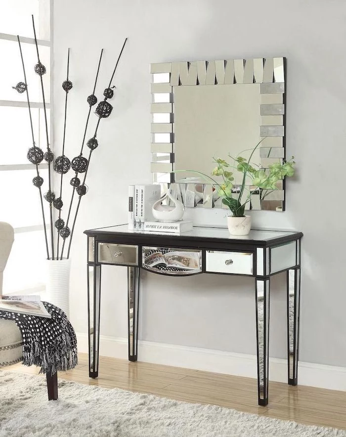 mirrored table, with drawers, square mirror, bathroom makeup vanity, wooden floor, white wall