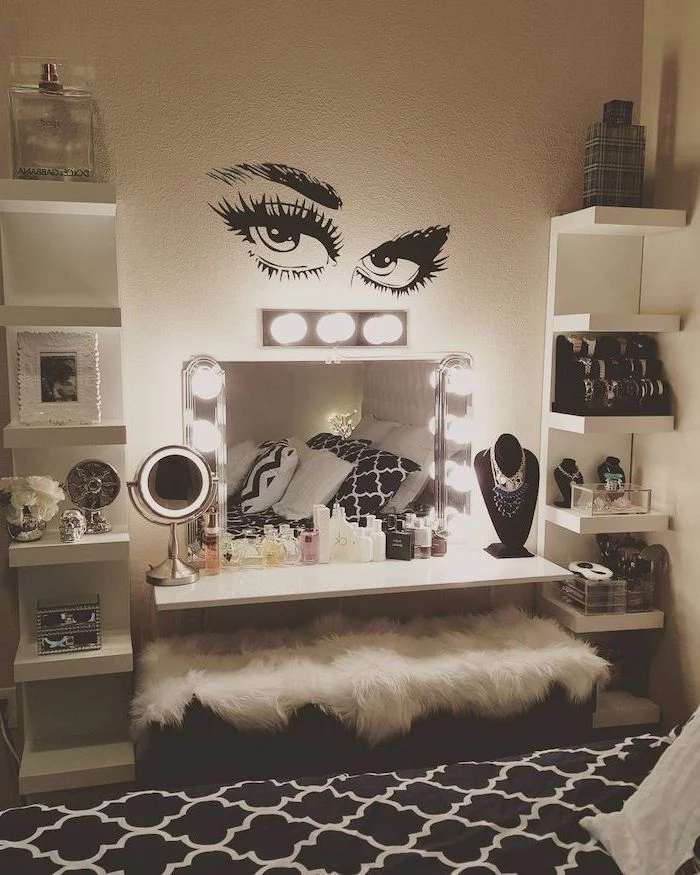 mirror with lights, floating white shelves, full of makeup, dressing table with drawers, white furry cover