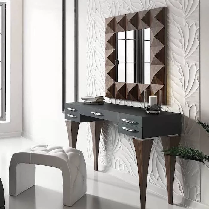 wooden mirror frame, black table, square mirror, makeup vanity with lighted mirror, white leather stool